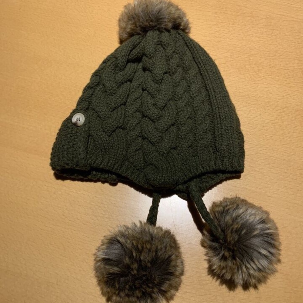 $150 RALPH LAUREN Green Fur PomPom Cashmere Hat 4-6
